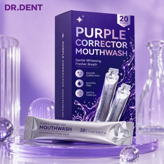 DR.DENT Purple Corrector Mouthwash box with an individual sachet