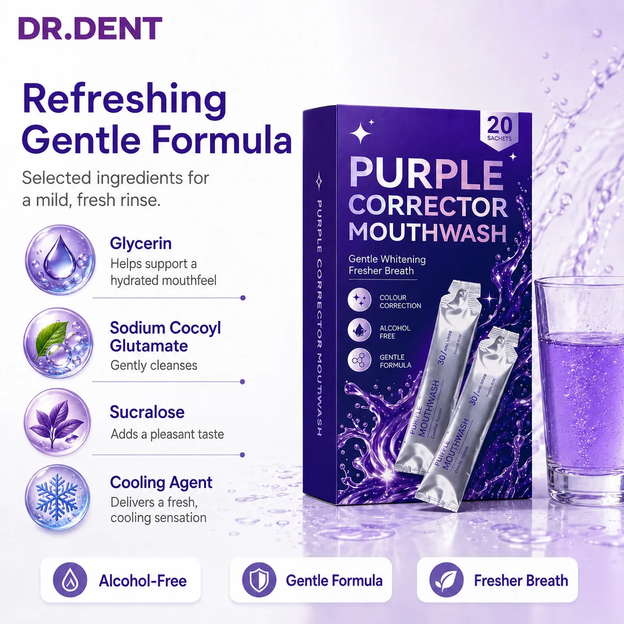 DR.DENT alcohol-free mouthwash selected formula highlights
