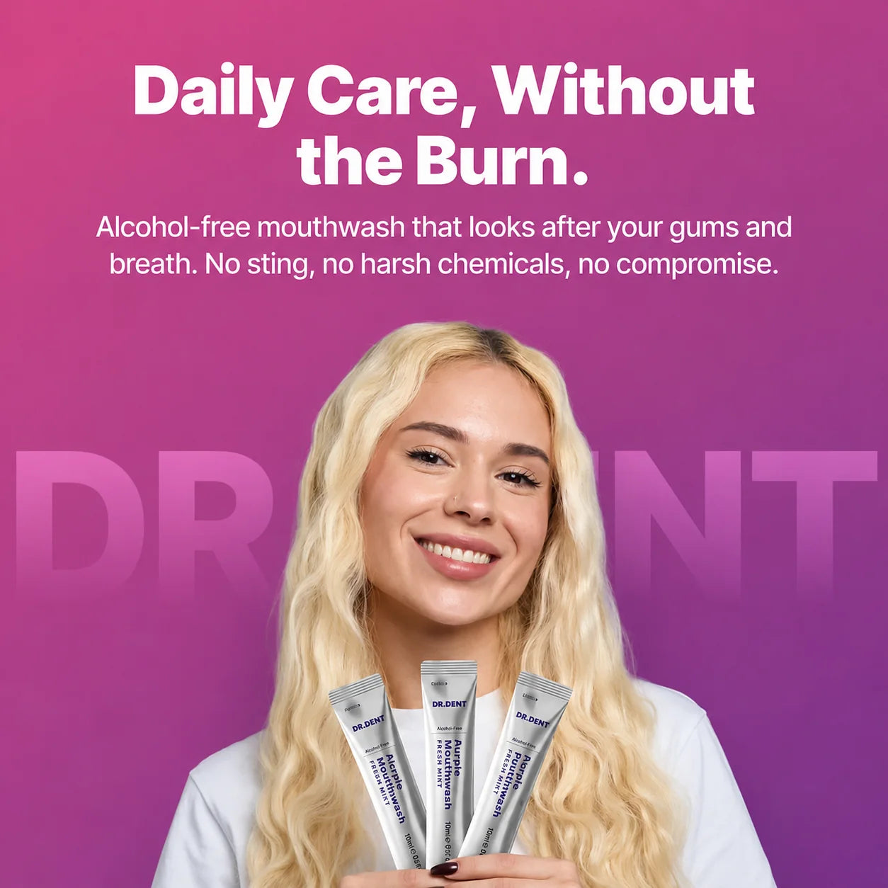 DR.DENT alcohol-free purple mouthwash sachets for daily oral care